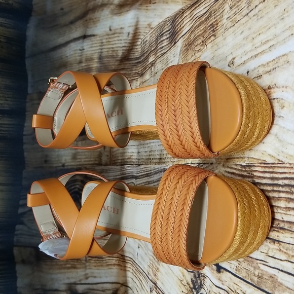New in Box Coach Isabela Wedge Women 9 B Candied Orange Leather Crisscross Strap - Picture 1 of 9